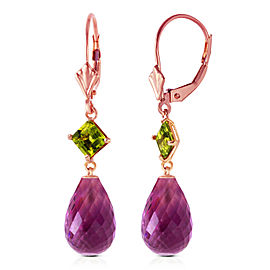 14K Solid Rose Gold Leverback Earrings with Peridots & Amethysts