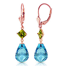 14K Solid Rose Gold Leverback Earrings with Peridot & Blue Topaz