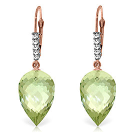 19.15 CTW 14K Solid Rose Gold Drop Briolette Green Amethyst Diamond Earrings