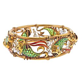 Plique A Jour Pearl Opal Gold Fish Bangle Bracelet