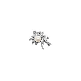 14k White Gold Diamond and Pearl Brooch