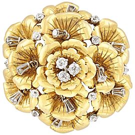 14 Karat Gold, Platinum and Three Old-Mine Diamond Domed Flower Brooch