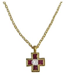 Tiffany & Co. 18k Yellow Gold Ruby & Diamond Mini Cross Pendant