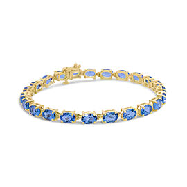 True 10K Yellow Gold and 4 Prong Set 6X4 MM Blue Topaz Link Tennis Bracelet - Size 7 Inches