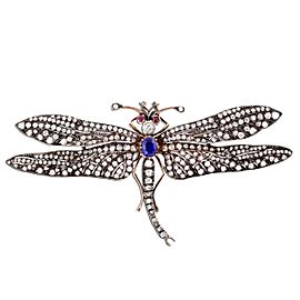 Sapphire Emerald Ruby Diamond Gold Silver Dragonfly Brooch