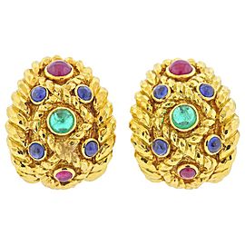 David Webb Emerald Sapphire Ruby Hammered Gold Half Hoop Earrings