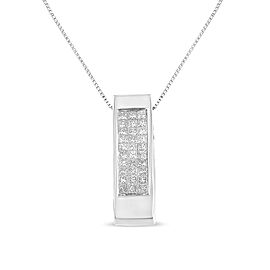 14K White Gold 1/2 Cttw Invisible Set Princess Cut Diamond Vertical Bar Block Pendant 18" Necklace (H-I Color, SI2-I1 Clarity)