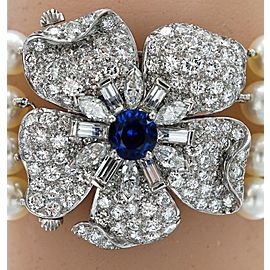 Four Strand Cultured Pearl, Platinum, Diamond and Sapphire Flower Bracelet