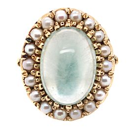 14K Yellow Gold Aquamarine Cabochon and Pearl Ring