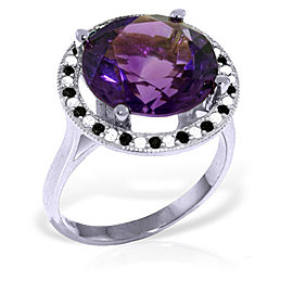 14K Solid White Gold Ring withNatural Black / White Diamonds & Amethyst