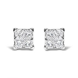 True .925 Sterling Silver 1/4 Cttw Invisible Set Princess Diamond Composite Quad Stud Earrings (I-J Color, I1-I2 Clarity)