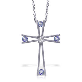 14K Solid White Gold Cross Necklace withNatural Diamond & Tanzanites