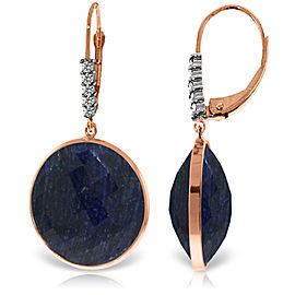 14K Solid Rose Gold Diamonds Leverback Earrings with Checkerboard Cut Round Dyed Sapphires