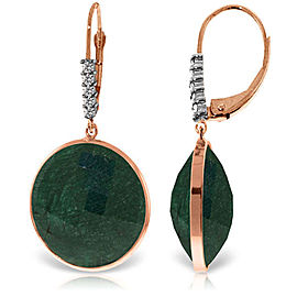 14K Solid Rose Gold Diamonds Leverback Earrings with Round Emerald Color Corundum