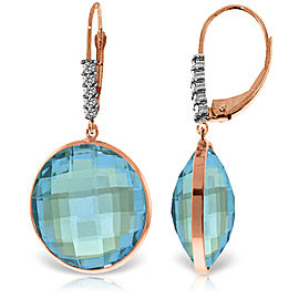 14K Solid Rose Gold Diamonds Leverback Earrings with Checkerboard Cut Round Blue Topaz