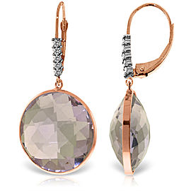 14K Solid Rose Gold Diamonds Leverback Earrings with Checkerboard Cut Round Amethysts