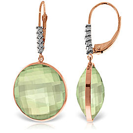 14K Solid Rose Gold Diamonds Leverback Earrings with Checkerboard Cut Round Green Amethysts