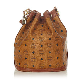 MCM Visetos Leather Drawstring Bucket Bag