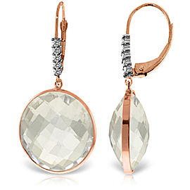 14K Solid Rose Gold Diamonds Leverback Earrings with Checkerboard Cut Round White Topaz