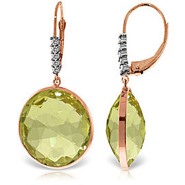 14K Solid Rose Gold Diamonds Leverback Earrings with Checkerboard Cut Lemon Quartz