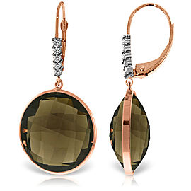 14K Solid Rose Gold Diamonds Leverback Earrings with Checkerboard Cut Smoky Quartz