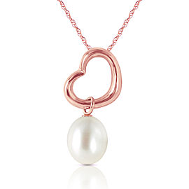 14K Solid Rose Gold Heart Necklace with Dangling Natural Cultured Pearl