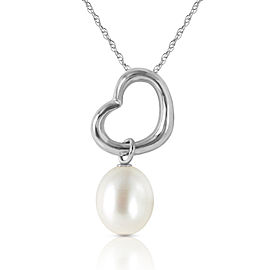 14K Solid White Gold Heart Necklace with Dangling Natural Cultured Pearl