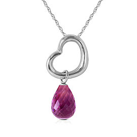 14K Solid White Gold Heart Necklace with Dangling Natural Amethyst