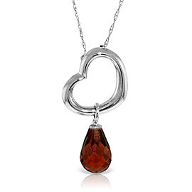 14K Solid White Gold Heart Necklace with Dangling Natural Garnet