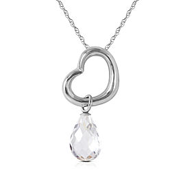 14K Solid White Gold Heart Necklace with Dangling Natural White Topaz