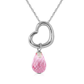 14K Solid White Gold Heart Necklace with Dangling Natural Pink Topaz