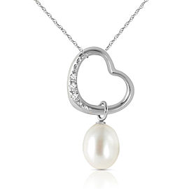 14K Solid White Gold Heart Necklace with Natural Diamond & Cultured Pearl