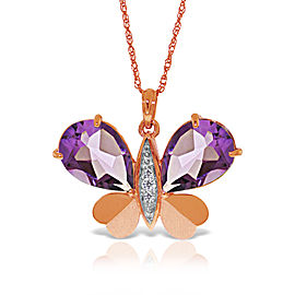 14K Solid Rose Gold Batterfly Necklace with Natural Diamonds & Amethysts