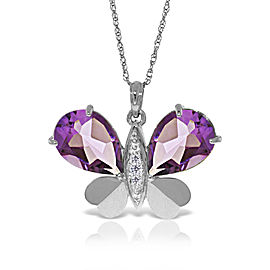 14K Solid White Gold Batterfly Necklace with Natural Diamonds & Amethysts