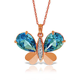 14K Solid Rose Gold Batterfly Necklace with Natural Diamonds & Blue Topaz