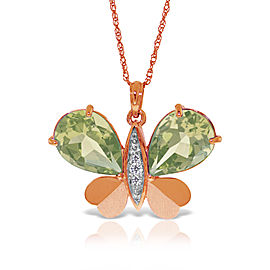 14K Solid Rose Gold Batterfly Necklace with Natural Diamonds & Green Amethysts