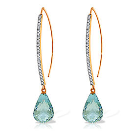 14K Solid Rose Gold Diamonds Fish Hook Earrings with Dangling Briolette Blue Topaz