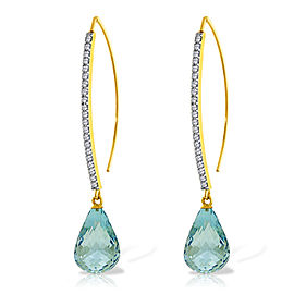 14K Solid Gold Diamonds Fish Hook Earrings with Dangling Briolette Blue Topaz