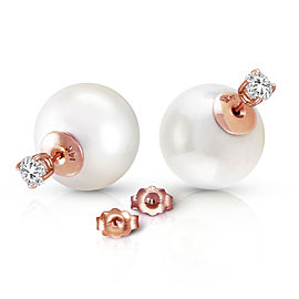 14K Solid Rose Gold Stud 0.80 CTW Natural Diamonds Earrings with White Shell Cultured Pearls