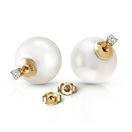 14K Solid Gold Stud 0.40 CTW Natural Diamonds Earrings with White Shell Cultured Pearls