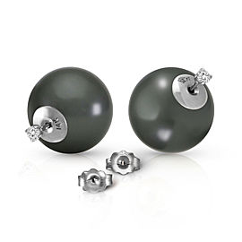 14K Solid White Gold Stud 0.20 CTW Natural Diamonds Earrings with Black Shell Cultured Pearls