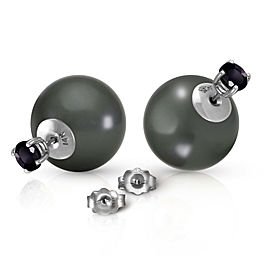 14K Solid White Gold Stud 1.0 CTW Natural Black Diamonds & Black Shell Cultured Pearl Earrings