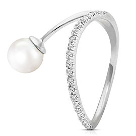 14K Solid White Gold Ring with Natural Diamonds & Cultured Pearl