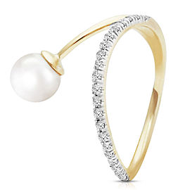 14K Solid Gold Ring with Natural Diamonds & Cultured Pearl