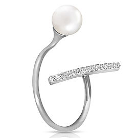 14K Solid White Gold Ring with Natural Diamonds & Cultured Pearl