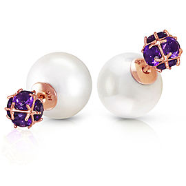 14K Solid Rose Gold Tribal Double Shell Cultured Pearls And Amethysts Stud Earrings