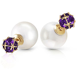 14K Solid Gold Tribal Double Shell Cultured Pearls And Amethysts Stud Earrings