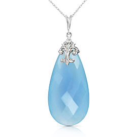 14K Solid White Gold Necklace with Briolette 31x16 mm Aqua Blue Chalcedony