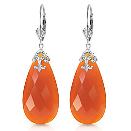 14K Solid White Gold Leverback Earrings with Briolette 31x16 mm Reddish Orange Chalcedony