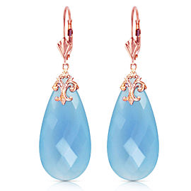 14K Solid Rose Gold Leverback Earrings with Briolette 31x16 mm Aqua Blue Chalcedony